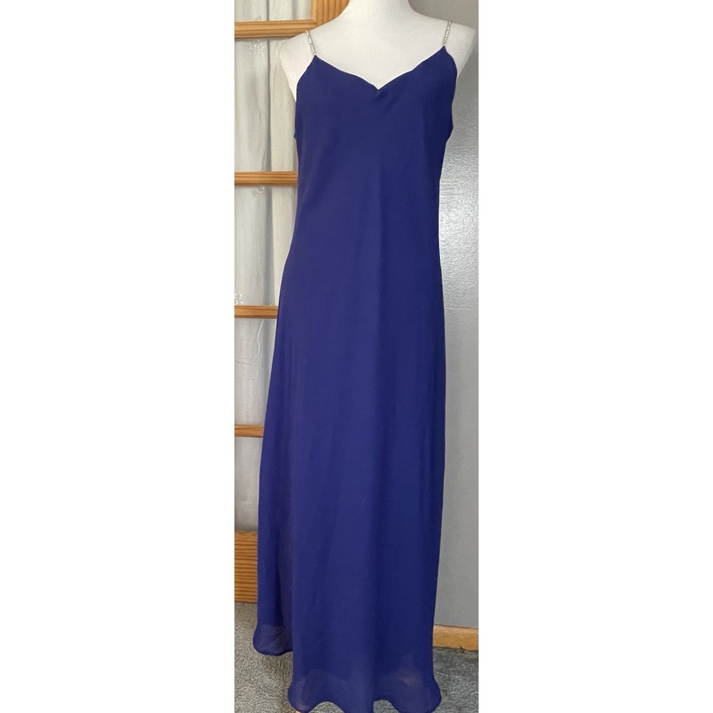 Vtg 80s Formal Maxi Slip Dress Sz L Royal Blue Crystal Strap Side Slit USA Made